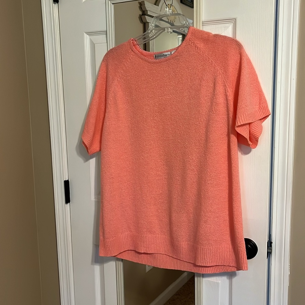 Dressbarn 2X peachy pink short sleeve sweater top. My husband loves the color!
